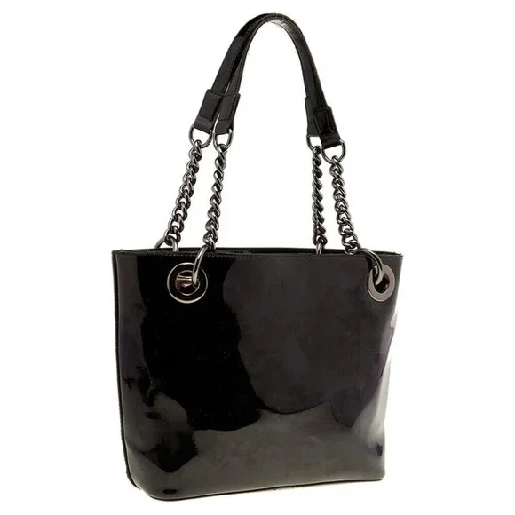 DKNY Black Patent Large Shoulder Bag Tote With Scarf
